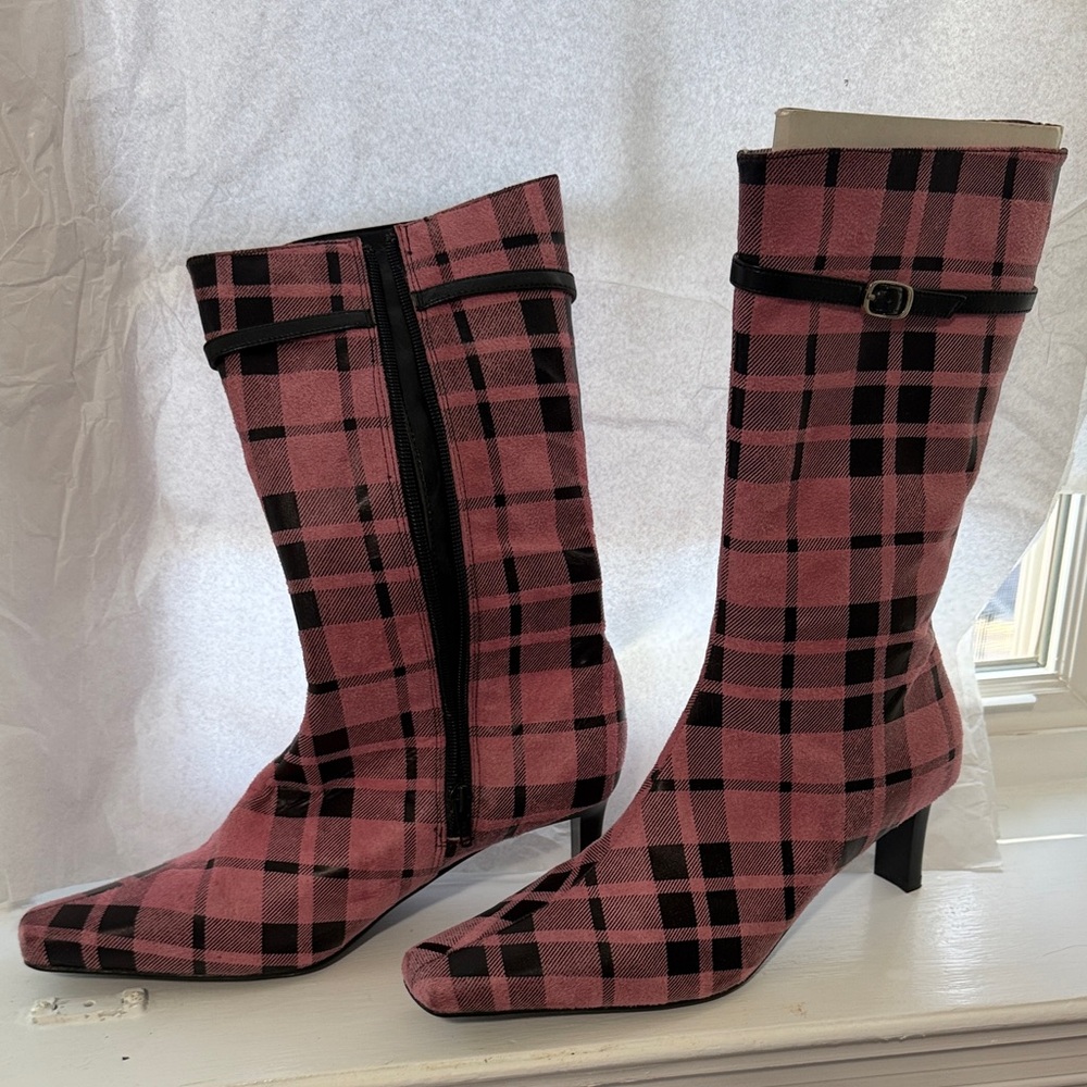 Italina Pink and Black Plaid Heeled Boots